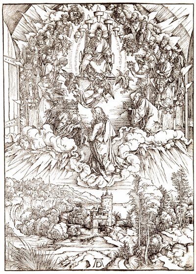 神と長老の前の聖ヨハネ、黙示録から、1496-98 作： Albrecht Dürer